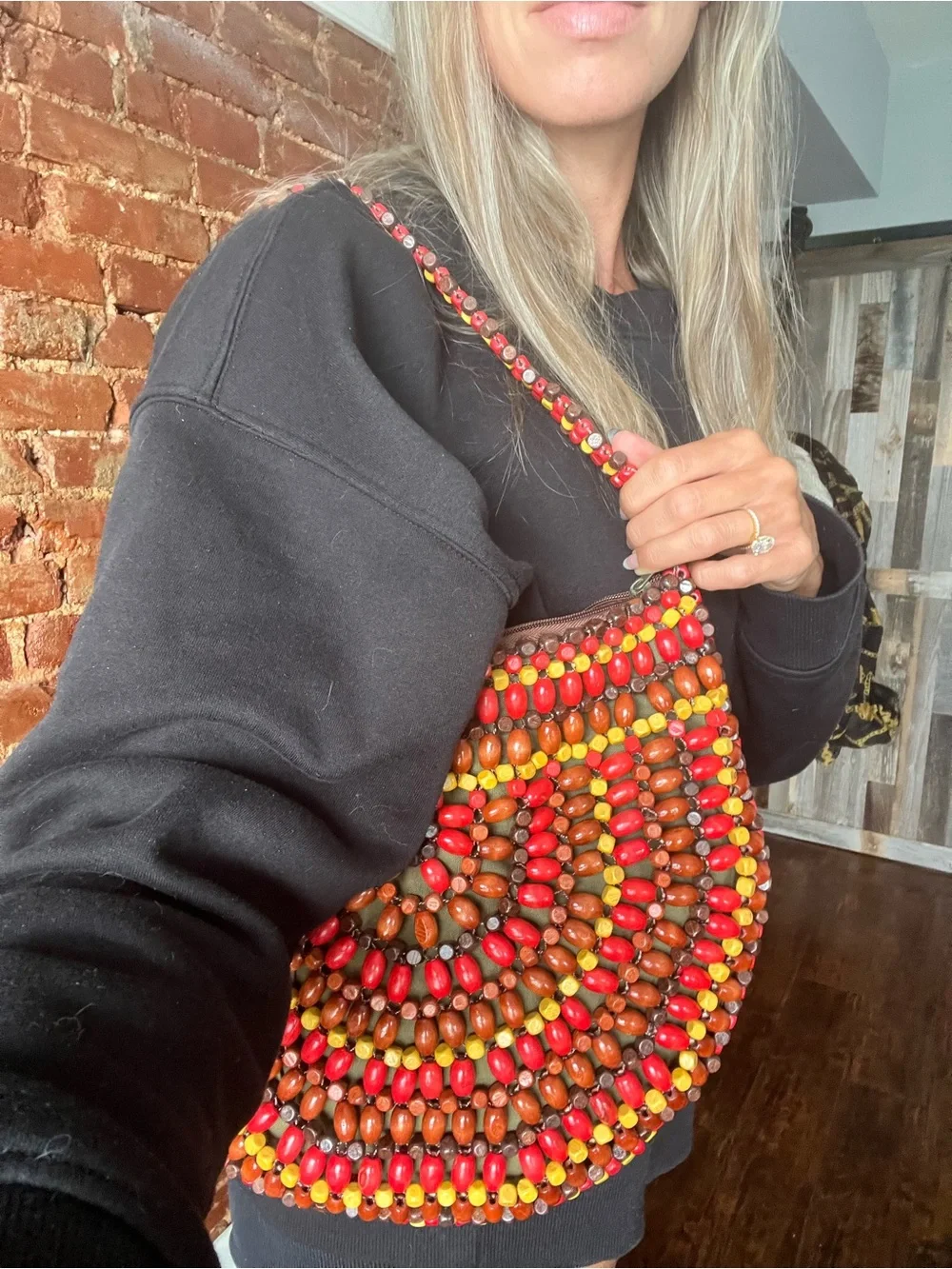 Red & Brown Beaded Shoulder Bag